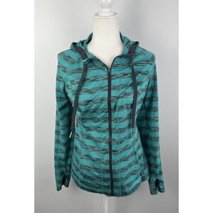 Lukka Teal and Grey Striped Zip Up Jacket with Hood Large